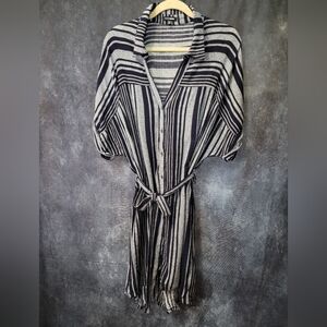 1X Plus Size Fashion Nova Navy Striped Shirt-Dress With Tie Waist